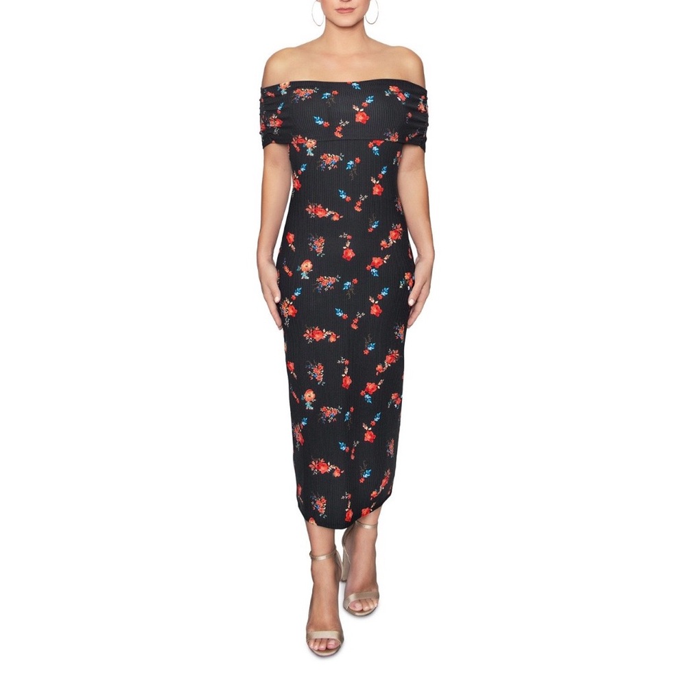 RACHEL Rachel Roy Off-The-Shoulder Black Printed Midi Dress L